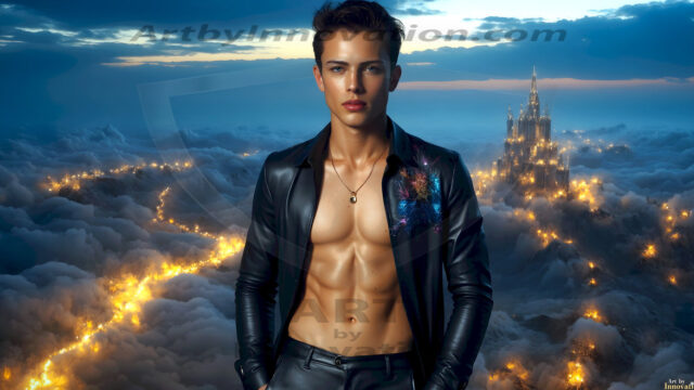 The Beautiful Young Men of the Golden City, is a collection of AI generated images of sexy, glamorous, handsome guys in the heavens. In this fantasy photograph of a young men in their late teens and 20's, overlooking a large golden city in the heavens. Generated to be as realistic as possible, in this this fantasy setting, with todays technology. Wearing jeans, an unbuttoned, vibrant, long-sleeve, button down shirt. The subject is enjoying a beautiful day outdoors. The mystical, galactic landscape, and the vibrant cosmic canopies, every detail, from the texture of the clouds, to the magnificent, majestic gothic architecture of the golden city, is crafted to create an atmosphere of reverence and divine glory. With a breathtaking scene, offering warm golden hour lighting. The heavenly landscape evokes a sense of freedom and tranquility, that is expresses through his facial features and smile, as day turns to night. The heavenly landscape evokes a sense of mysterious black space and light, with a vast galaxy that almost covers the image, the stars and constellations sparkle bright, in dark blue sky.
