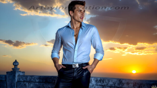 The Beautiful Young Men of the Golden City, is a collection of AI generated images of sexy, glamorous, handsome guys in the heavens. In this fantasy photograph of a young men in their late teens and 20's, overlooking a large golden city in the heavens. Generated to be as realistic as possible, in this this fantasy setting, with todays technology. Wearing jeans, an unbuttoned, vibrant, long-sleeve, button down shirt. The subject is enjoying a beautiful day outdoors. The mystical, galactic landscape, and the vibrant cosmic canopies, every detail, from the texture of the clouds, to the magnificent, majestic gothic architecture of the golden city, is crafted to create an atmosphere of reverence and divine glory. With a breathtaking scene, offering warm golden hour lighting. The heavenly landscape evokes a sense of freedom and tranquility, that is expresses through his facial features and smile, as day turns to night. The heavenly landscape evokes a sense of mysterious black space and light, with a vast galaxy that almost covers the image, the stars and constellations sparkle bright, in dark blue sky.