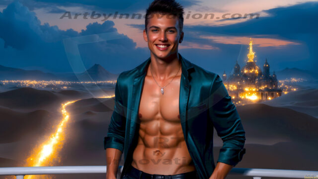 The Beautiful Young Men of the Golden City, is a collection of AI generated images of sexy, glamorous, handsome guys in the heavens. In this fantasy photograph of a young men in their late teens and 20's, overlooking a large golden city in the heavens. Generated to be as realistic as possible, in this this fantasy setting, with todays technology. Wearing jeans, an unbuttoned, vibrant, long-sleeve, button down shirt. The subject is enjoying a beautiful day outdoors. The mystical, galactic landscape, and the vibrant cosmic canopies, every detail, from the texture of the clouds, to the magnificent, majestic gothic architecture of the golden city, is crafted to create an atmosphere of reverence and divine glory. With a breathtaking scene, offering warm golden hour lighting. The heavenly landscape evokes a sense of freedom and tranquility, that is expresses through his facial features and smile, as day turns to night. The heavenly landscape evokes a sense of mysterious black space and light, with a vast galaxy that almost covers the image, the stars and constellations sparkle bright, in dark blue sky.