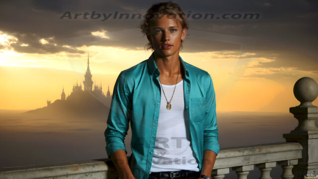 The Beautiful Young Men of the Golden City, is a collection of AI generated images of sexy, glamorous, handsome guys in the heavens. In this fantasy photograph of a young men in their late teens and 20's, overlooking a large golden city in the heavens. Generated to be as realistic as possible, in this this fantasy setting, with todays technology. Wearing jeans, an unbuttoned, vibrant, long-sleeve, button down shirt. The subject is enjoying a beautiful day outdoors. The mystical, galactic landscape, and the vibrant cosmic canopies, every detail, from the texture of the clouds, to the magnificent, majestic gothic architecture of the golden city, is crafted to create an atmosphere of reverence and divine glory. With a breathtaking scene, offering warm golden hour lighting. The heavenly landscape evokes a sense of freedom and tranquility, that is expresses through his facial features and smile, as day turns to night. The heavenly landscape evokes a sense of mysterious black space and light, with a vast galaxy that almost covers the image, the stars and constellations sparkle bright, in dark blue sky.