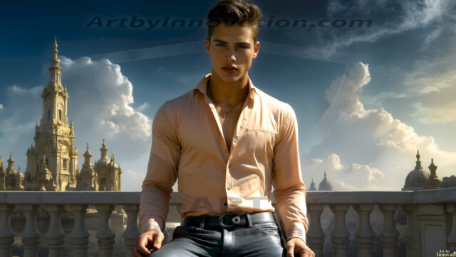 The Beautiful Young Men of the Golden City, is a collection of AI generated images of sexy, glamorous, handsome guys in the heavens. In this fantasy photograph of a young men in their late teens and 20's, overlooking a large golden city in the heavens. Generated to be as realistic as possible, in this this fantasy setting, with todays technology. Wearing jeans, an unbuttoned, vibrant, long-sleeve, button down shirt. The subject is enjoying a beautiful day outdoors. The mystical, galactic landscape, and the vibrant cosmic canopies, every detail, from the texture of the clouds, to the magnificent, majestic gothic architecture of the golden city, is crafted to create an atmosphere of reverence and divine glory. With a breathtaking scene, offering warm golden hour lighting. The heavenly landscape evokes a sense of freedom and tranquility, that is expresses through his facial features and smile, as day turns to night. The heavenly landscape evokes a sense of mysterious black space and light, with a vast galaxy that almost covers the image, the stars and constellations sparkle bright, in dark blue sky.
