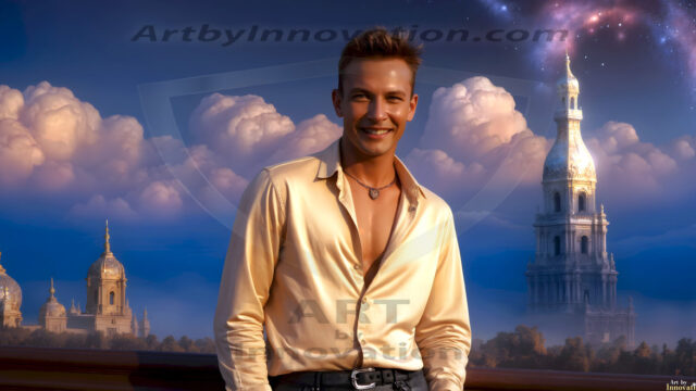 The Beautiful Young Men of the Golden City, is a collection of AI generated images of sexy, glamorous, handsome guys in the heavens. In this fantasy photograph of a young men in their late teens and 20's, overlooking a large golden city in the heavens. Generated to be as realistic as possible, in this this fantasy setting, with todays technology. Wearing jeans, an unbuttoned, vibrant, long-sleeve, button down shirt. The subject is enjoying a beautiful day outdoors. The mystical, galactic landscape, and the vibrant cosmic canopies, every detail, from the texture of the clouds, to the magnificent, majestic gothic architecture of the golden city, is crafted to create an atmosphere of reverence and divine glory. With a breathtaking scene, offering warm golden hour lighting. The heavenly landscape evokes a sense of freedom and tranquility, that is expresses through his facial features and smile, as day turns to night. The heavenly landscape evokes a sense of mysterious black space and light, with a vast galaxy that almost covers the image, the stars and constellations sparkle bright, in dark blue sky.