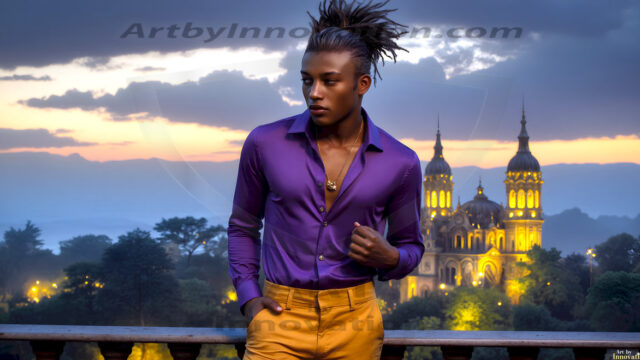 The Beautiful Young Men of the Golden City, is a collection of AI generated images of sexy, glamorous, handsome guys in the heavens. In this fantasy photograph of a young men in their late teens and 20's, overlooking a large golden city in the heavens. Generated to be as realistic as possible, in this this fantasy setting, with todays technology. Wearing jeans, an unbuttoned, vibrant, long-sleeve, button down shirt. The subject is enjoying a beautiful day outdoors. The mystical, galactic landscape, and the vibrant cosmic canopies, every detail, from the texture of the clouds, to the magnificent, majestic gothic architecture of the golden city, is crafted to create an atmosphere of reverence and divine glory. With a breathtaking scene, offering warm golden hour lighting. The heavenly landscape evokes a sense of freedom and tranquility, that is expresses through his facial features and smile, as day turns to night. The heavenly landscape evokes a sense of mysterious black space and light, with a vast galaxy that almost covers the image, the stars and constellations sparkle bright, in dark blue sky.