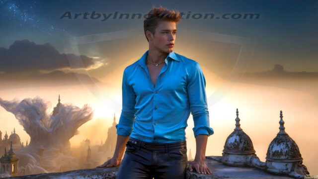 The Beautiful Young Men of the Golden City, is a collection of AI generated images of sexy, glamorous, handsome guys in the heavens. In this fantasy photograph of a young men in their late teens and 20's, overlooking a large golden city in the heavens. Generated to be as realistic as possible, in this this fantasy setting, with todays technology. Wearing jeans, an unbuttoned, vibrant, long-sleeve, button down shirt. The subject is enjoying a beautiful day outdoors. The mystical, galactic landscape, and the vibrant cosmic canopies, every detail, from the texture of the clouds, to the magnificent, majestic gothic architecture of the golden city, is crafted to create an atmosphere of reverence and divine glory. With a breathtaking scene, offering warm golden hour lighting. The heavenly landscape evokes a sense of freedom and tranquility, that is expresses through his facial features and smile, as day turns to night. The heavenly landscape evokes a sense of mysterious black space and light, with a vast galaxy that almost covers the image, the stars and constellations sparkle bright, in dark blue sky.