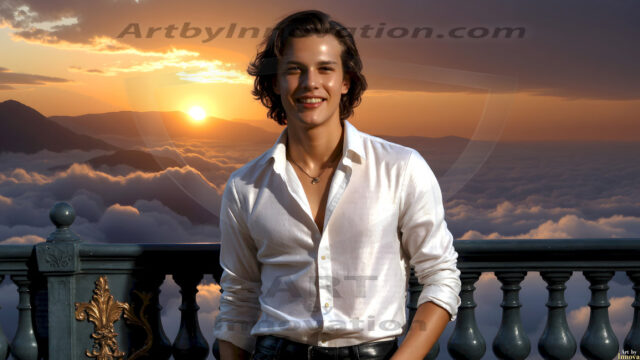 The Beautiful Young Men of the Golden City, is a collection of AI generated images of sexy, glamorous, handsome guys in the heavens. In this fantasy photograph of a young men in their late teens and 20's, overlooking a large golden city in the heavens. Generated to be as realistic as possible, in this this fantasy setting, with todays technology. Wearing jeans, an unbuttoned, vibrant, long-sleeve, button down shirt. The subject is enjoying a beautiful day outdoors. The mystical, galactic landscape, and the vibrant cosmic canopies, every detail, from the texture of the clouds, to the magnificent, majestic gothic architecture of the golden city, is crafted to create an atmosphere of reverence and divine glory. With a breathtaking scene, offering warm golden hour lighting. The heavenly landscape evokes a sense of freedom and tranquility, that is expresses through his facial features and smile, as day turns to night. The heavenly landscape evokes a sense of mysterious black space and light, with a vast galaxy that almost covers the image, the stars and constellations sparkle bright, in dark blue sky.