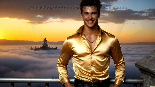 The Beautiful Young Men of the Golden City, is a collection of AI generated images of sexy, glamorous, handsome guys in the heavens. In this fantasy photograph of a young men in their late teens and 20's, overlooking a large golden city in the heavens. Generated to be as realistic as possible, in this this fantasy setting, with todays technology. Wearing jeans, an unbuttoned, vibrant, long-sleeve, button down shirt. The subject is enjoying a beautiful day outdoors. The mystical, galactic landscape, and the vibrant cosmic canopies, every detail, from the texture of the clouds, to the magnificent, majestic gothic architecture of the golden city, is crafted to create an atmosphere of reverence and divine glory. With a breathtaking scene, offering warm golden hour lighting. The heavenly landscape evokes a sense of freedom and tranquility, that is expresses through his facial features and smile, as day turns to night. The heavenly landscape evokes a sense of mysterious black space and light, with a vast galaxy that almost covers the image, the stars and constellations sparkle bright, in dark blue sky.