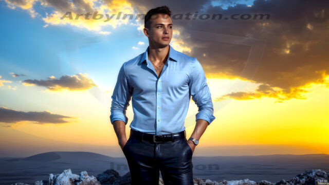 The Beautiful Young Men of the Golden City, is a collection of AI generated images of sexy, glamorous, handsome guys in the heavens. In this fantasy photograph of a young men in their late teens and 20's, overlooking a large golden city in the heavens. Generated to be as realistic as possible, in this this fantasy setting, with todays technology. Wearing jeans, an unbuttoned, vibrant, long-sleeve, button down shirt. The subject is enjoying a beautiful day outdoors. The mystical, galactic landscape, and the vibrant cosmic canopies, every detail, from the texture of the clouds, to the magnificent, majestic gothic architecture of the golden city, is crafted to create an atmosphere of reverence and divine glory. With a breathtaking scene, offering warm golden hour lighting. The heavenly landscape evokes a sense of freedom and tranquility, that is expresses through his facial features and smile, as day turns to night. The heavenly landscape evokes a sense of mysterious black space and light, with a vast galaxy that almost covers the image, the stars and constellations sparkle bright, in dark blue sky.