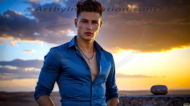 The Beautiful Young Men of the Golden City, is a collection of AI generated images of sexy, glamorous, handsome guys in the heavens. In this fantasy photograph of a young men in their late teens and 20's, overlooking a large golden city in the heavens. Generated to be as realistic as possible, in this this fantasy setting, with todays technology. Wearing jeans, an unbuttoned, vibrant, long-sleeve, button down shirt. The subject is enjoying a beautiful day outdoors. The mystical, galactic landscape, and the vibrant cosmic canopies, every detail, from the texture of the clouds, to the magnificent, majestic gothic architecture of the golden city, is crafted to create an atmosphere of reverence and divine glory. With a breathtaking scene, offering warm golden hour lighting. The heavenly landscape evokes a sense of freedom and tranquility, that is expresses through his facial features and smile, as day turns to night. The heavenly landscape evokes a sense of mysterious black space and light, with a vast galaxy that almost covers the image, the stars and constellations sparkle bright, in dark blue sky.