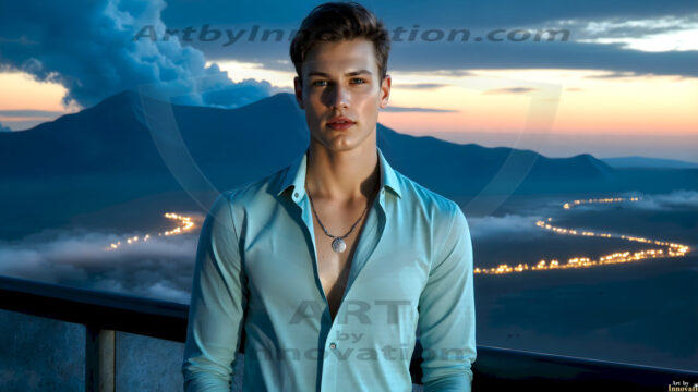 The Beautiful Young Men of the Golden City, is a collection of AI generated images of sexy, glamorous, handsome guys in the heavens. In this fantasy photograph of a young men in their late teens and 20's, overlooking a large golden city in the heavens. Generated to be as realistic as possible, in this this fantasy setting, with todays technology. Wearing jeans, an unbuttoned, vibrant, long-sleeve, button down shirt. The subject is enjoying a beautiful day outdoors. The mystical, galactic landscape, and the vibrant cosmic canopies, every detail, from the texture of the clouds, to the magnificent, majestic gothic architecture of the golden city, is crafted to create an atmosphere of reverence and divine glory. With a breathtaking scene, offering warm golden hour lighting. The heavenly landscape evokes a sense of freedom and tranquility, that is expresses through his facial features and smile, as day turns to night. The heavenly landscape evokes a sense of mysterious black space and light, with a vast galaxy that almost covers the image, the stars and constellations sparkle bright, in dark blue sky.
