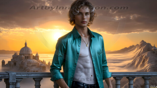 The Beautiful Young Men of the Golden City, is a collection of AI generated images of sexy, glamorous, handsome guys in the heavens. In this fantasy photograph of a young men in their late teens and 20's, overlooking a large golden city in the heavens. Generated to be as realistic as possible, in this this fantasy setting, with todays technology. Wearing jeans, an unbuttoned, vibrant, long-sleeve, button down shirt. The subject is enjoying a beautiful day outdoors. The mystical, galactic landscape, and the vibrant cosmic canopies, every detail, from the texture of the clouds, to the magnificent, majestic gothic architecture of the golden city, is crafted to create an atmosphere of reverence and divine glory. With a breathtaking scene, offering warm golden hour lighting. The heavenly landscape evokes a sense of freedom and tranquility, that is expresses through his facial features and smile, as day turns to night. The heavenly landscape evokes a sense of mysterious black space and light, with a vast galaxy that almost covers the image, the stars and constellations sparkle bright, in dark blue sky.