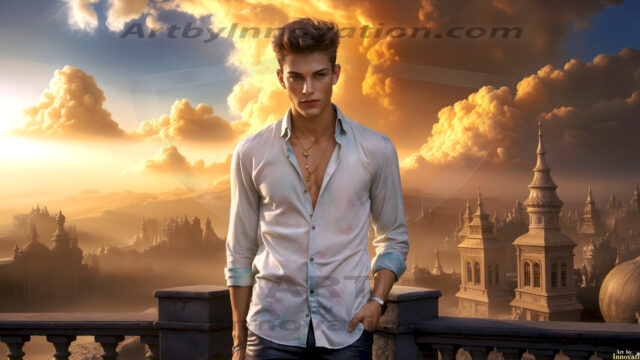 The Beautiful Young Men of the Golden City, is a collection of AI generated images of sexy, glamorous, handsome guys in the heavens. In this fantasy photograph of a young men in their late teens and 20's, overlooking a large golden city in the heavens. Generated to be as realistic as possible, in this this fantasy setting, with todays technology. Wearing jeans, an unbuttoned, vibrant, long-sleeve, button down shirt. The subject is enjoying a beautiful day outdoors. The mystical, galactic landscape, and the vibrant cosmic canopies, every detail, from the texture of the clouds, to the magnificent, majestic gothic architecture of the golden city, is crafted to create an atmosphere of reverence and divine glory. With a breathtaking scene, offering warm golden hour lighting. The heavenly landscape evokes a sense of freedom and tranquility, that is expresses through his facial features and smile, as day turns to night. The heavenly landscape evokes a sense of mysterious black space and light, with a vast galaxy that almost covers the image, the stars and constellations sparkle bright, in dark blue sky.