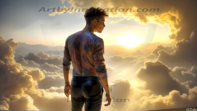 The Beautiful Young Men of the Golden City, is a collection of AI generated images of sexy, glamorous, handsome guys in the heavens. In this fantasy photograph of a young men in their late teens and 20's, overlooking a large golden city in the heavens. Generated to be as realistic as possible, in this this fantasy setting, with todays technology. Wearing jeans, an unbuttoned, vibrant, long-sleeve, button down shirt. The subject is enjoying a beautiful day outdoors. The mystical, galactic landscape, and the vibrant cosmic canopies, every detail, from the texture of the clouds, to the magnificent, majestic gothic architecture of the golden city, is crafted to create an atmosphere of reverence and divine glory. With a breathtaking scene, offering warm golden hour lighting. The heavenly landscape evokes a sense of freedom and tranquility, that is expresses through his facial features and smile, as day turns to night. The heavenly landscape evokes a sense of mysterious black space and light, with a vast galaxy that almost covers the image, the stars and constellations sparkle bright, in dark blue sky.