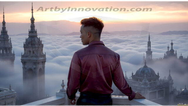 The Beautiful Young Men of the Golden City, is a collection of AI generated images of sexy, glamorous, handsome guys in the heavens. In this fantasy photograph of a young men in their late teens and 20's, overlooking a large golden city in the heavens. Generated to be as realistic as possible, in this this fantasy setting, with todays technology. Wearing jeans, an unbuttoned, vibrant, long-sleeve, button down shirt. The subject is enjoying a beautiful day outdoors. The mystical, galactic landscape, and the vibrant cosmic canopies, every detail, from the texture of the clouds, to the magnificent, majestic gothic architecture of the golden city, is crafted to create an atmosphere of reverence and divine glory. With a breathtaking scene, offering warm golden hour lighting. The heavenly landscape evokes a sense of freedom and tranquility, that is expresses through his facial features and smile, as day turns to night. The heavenly landscape evokes a sense of mysterious black space and light, with a vast galaxy that almost covers the image, the stars and constellations sparkle bright, in dark blue sky.