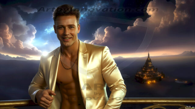The Beautiful Young Men of the Golden City, is a collection of AI generated images of sexy, glamorous, handsome guys in the heavens. In this fantasy photograph of a young men in their late teens and 20's, overlooking a large golden city in the heavens. Generated to be as realistic as possible, in this this fantasy setting, with todays technology. Wearing jeans, an unbuttoned, vibrant, long-sleeve, button down shirt. The subject is enjoying a beautiful day outdoors. The mystical, galactic landscape, and the vibrant cosmic canopies, every detail, from the texture of the clouds, to the magnificent, majestic gothic architecture of the golden city, is crafted to create an atmosphere of reverence and divine glory. With a breathtaking scene, offering warm golden hour lighting. The heavenly landscape evokes a sense of freedom and tranquility, that is expresses through his facial features and smile, as day turns to night. The heavenly landscape evokes a sense of mysterious black space and light, with a vast galaxy that almost covers the image, the stars and constellations sparkle bright, in dark blue sky.