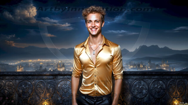 The Beautiful Young Men of the Golden City, is a collection of AI generated images of sexy, glamorous, handsome guys in the heavens. In this fantasy photograph of a young men in their late teens and 20's, overlooking a large golden city in the heavens. Generated to be as realistic as possible, in this this fantasy setting, with todays technology. Wearing jeans, an unbuttoned, vibrant, long-sleeve, button down shirt. The subject is enjoying a beautiful day outdoors. The mystical, galactic landscape, and the vibrant cosmic canopies, every detail, from the texture of the clouds, to the magnificent, majestic gothic architecture of the golden city, is crafted to create an atmosphere of reverence and divine glory. With a breathtaking scene, offering warm golden hour lighting. The heavenly landscape evokes a sense of freedom and tranquility, that is expresses through his facial features and smile, as day turns to night. The heavenly landscape evokes a sense of mysterious black space and light, with a vast galaxy that almost covers the image, the stars and constellations sparkle bright, in dark blue sky.