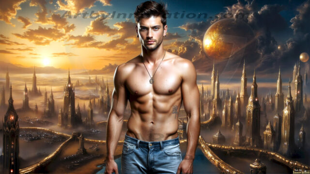 The Beautiful Young Men of the Golden City, is a collection of AI generated images of sexy, glamorous, handsome guys in the heavens. In this fantasy photograph of a young men in their late teens and 20's, overlooking a large golden city in the heavens. Generated to be as realistic as possible, in this this fantasy setting, with todays technology. Wearing jeans, an unbuttoned, vibrant, long-sleeve, button down shirt. The subject is enjoying a beautiful day outdoors. The mystical, galactic landscape, and the vibrant cosmic canopies, every detail, from the texture of the clouds, to the magnificent, majestic gothic architecture of the golden city, is crafted to create an atmosphere of reverence and divine glory. With a breathtaking scene, offering warm golden hour lighting. The heavenly landscape evokes a sense of freedom and tranquility, that is expresses through his facial features and smile, as day turns to night. The heavenly landscape evokes a sense of mysterious black space and light, with a vast galaxy that almost covers the image, the stars and constellations sparkle bright, in dark blue sky.