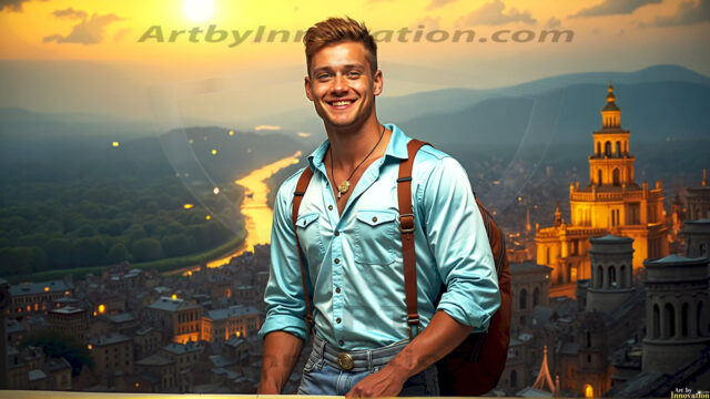 The Beautiful Young Men of the Golden City, is a collection of AI generated images of sexy, glamorous, handsome guys in the heavens. In this fantasy photograph of a young men in their late teens and 20's, overlooking a large golden city in the heavens. Generated to be as realistic as possible, in this this fantasy setting, with todays technology. Wearing jeans, an unbuttoned, vibrant, long-sleeve, button down shirt. The subject is enjoying a beautiful day outdoors. The mystical, galactic landscape, and the vibrant cosmic canopies, every detail, from the texture of the clouds, to the magnificent, majestic gothic architecture of the golden city, is crafted to create an atmosphere of reverence and divine glory. With a breathtaking scene, offering warm golden hour lighting. The heavenly landscape evokes a sense of freedom and tranquility, that is expresses through his facial features and smile, as day turns to night. The heavenly landscape evokes a sense of mysterious black space and light, with a vast galaxy that almost covers the image, the stars and constellations sparkle bright, in dark blue sky.