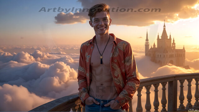 The Beautiful Young Men of the Golden City, is a collection of AI generated images of sexy, glamorous, handsome guys in the heavens. In this fantasy photograph of a young men in their late teens and 20's, overlooking a large golden city in the heavens. Generated to be as realistic as possible, in this this fantasy setting, with todays technology. Wearing jeans, an unbuttoned, vibrant, long-sleeve, button down shirt. The subject is enjoying a beautiful day outdoors. The mystical, galactic landscape, and the vibrant cosmic canopies, every detail, from the texture of the clouds, to the magnificent, majestic gothic architecture of the golden city, is crafted to create an atmosphere of reverence and divine glory. With a breathtaking scene, offering warm golden hour lighting. The heavenly landscape evokes a sense of freedom and tranquility, that is expresses through his facial features and smile, as day turns to night. The heavenly landscape evokes a sense of mysterious black space and light, with a vast galaxy that almost covers the image, the stars and constellations sparkle bright, in dark blue sky.