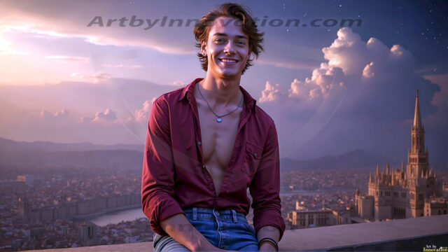 The Beautiful Young Men of the Golden City, is a collection of AI generated images of sexy, glamorous, handsome guys in the heavens. In this fantasy photograph of a young men in their late teens and 20's, overlooking a large golden city in the heavens. Generated to be as realistic as possible, in this this fantasy setting, with todays technology. Wearing jeans, an unbuttoned, vibrant, long-sleeve, button down shirt. The subject is enjoying a beautiful day outdoors. The mystical, galactic landscape, and the vibrant cosmic canopies, every detail, from the texture of the clouds, to the magnificent, majestic gothic architecture of the golden city, is crafted to create an atmosphere of reverence and divine glory. With a breathtaking scene, offering warm golden hour lighting. The heavenly landscape evokes a sense of freedom and tranquility, that is expresses through his facial features and smile, as day turns to night. The heavenly landscape evokes a sense of mysterious black space and light, with a vast galaxy that almost covers the image, the stars and constellations sparkle bright, in dark blue sky.