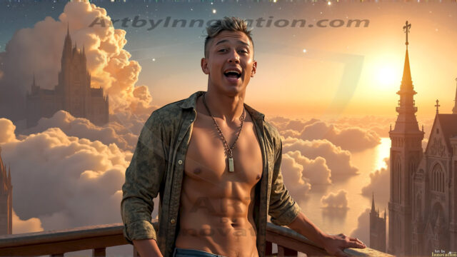The Beautiful Young Men of the Golden City, is a collection of AI generated images of sexy, glamorous, handsome guys in the heavens. In this fantasy photograph of a young men in their late teens and 20's, overlooking a large golden city in the heavens. Generated to be as realistic as possible, in this this fantasy setting, with todays technology. Wearing jeans, an unbuttoned, vibrant, long-sleeve, button down shirt. The subject is enjoying a beautiful day outdoors. The mystical, galactic landscape, and the vibrant cosmic canopies, every detail, from the texture of the clouds, to the magnificent, majestic gothic architecture of the golden city, is crafted to create an atmosphere of reverence and divine glory. With a breathtaking scene, offering warm golden hour lighting. The heavenly landscape evokes a sense of freedom and tranquility, that is expresses through his facial features and smile, as day turns to night. The heavenly landscape evokes a sense of mysterious black space and light, with a vast galaxy that almost covers the image, the stars and constellations sparkle bright, in dark blue sky.