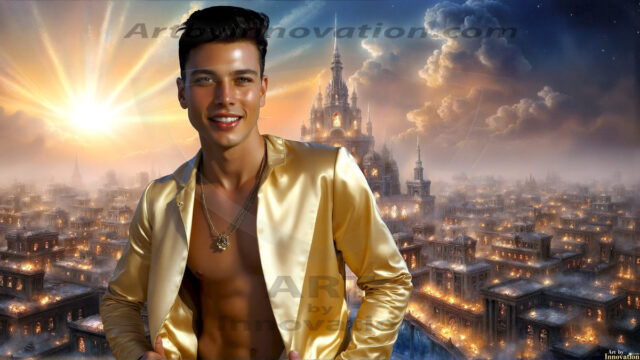 The Beautiful Young Men of the Golden City, is a collection of AI generated images of sexy, glamorous, handsome guys in the heavens. In this fantasy photograph of a young men in their late teens and 20's, overlooking a large golden city in the heavens. Generated to be as realistic as possible, in this this fantasy setting, with todays technology. Wearing jeans, an unbuttoned, vibrant, long-sleeve, button down shirt. The subject is enjoying a beautiful day outdoors. The mystical, galactic landscape, and the vibrant cosmic canopies, every detail, from the texture of the clouds, to the magnificent, majestic gothic architecture of the golden city, is crafted to create an atmosphere of reverence and divine glory. With a breathtaking scene, offering warm golden hour lighting. The heavenly landscape evokes a sense of freedom and tranquility, that is expresses through his facial features and smile, as day turns to night. The heavenly landscape evokes a sense of mysterious black space and light, with a vast galaxy that almost covers the image, the stars and constellations sparkle bright, in dark blue sky.