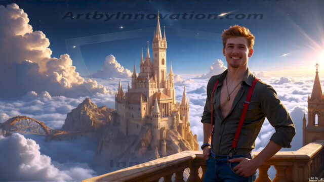 The Beautiful Young Men of the Golden City, is a collection of AI generated images of sexy, glamorous, handsome guys in the heavens. In this fantasy photograph of a young men in their late teens and 20's, overlooking a large golden city in the heavens. Generated to be as realistic as possible, in this this fantasy setting, with todays technology. Wearing jeans, an unbuttoned, vibrant, long-sleeve, button down shirt. The subject is enjoying a beautiful day outdoors. The mystical, galactic landscape, and the vibrant cosmic canopies, every detail, from the texture of the clouds, to the magnificent, majestic gothic architecture of the golden city, is crafted to create an atmosphere of reverence and divine glory. With a breathtaking scene, offering warm golden hour lighting. The heavenly landscape evokes a sense of freedom and tranquility, that is expresses through his facial features and smile, as day turns to night. The heavenly landscape evokes a sense of mysterious black space and light, with a vast galaxy that almost covers the image, the stars and constellations sparkle bright, in dark blue sky.