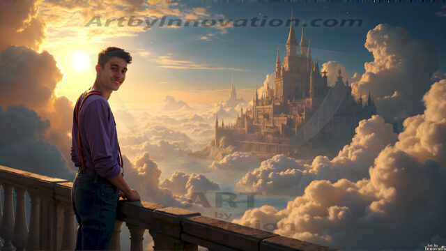 The Beautiful Young Men of the Golden City, is a collection of AI generated images of sexy, glamorous, handsome guys in the heavens. In this fantasy photograph of a young men in their late teens and 20's, overlooking a large golden city in the heavens. Generated to be as realistic as possible, in this this fantasy setting, with todays technology. Wearing jeans, an unbuttoned, vibrant, long-sleeve, button down shirt. The subject is enjoying a beautiful day outdoors. The mystical, galactic landscape, and the vibrant cosmic canopies, every detail, from the texture of the clouds, to the magnificent, majestic gothic architecture of the golden city, is crafted to create an atmosphere of reverence and divine glory. With a breathtaking scene, offering warm golden hour lighting. The heavenly landscape evokes a sense of freedom and tranquility, that is expresses through his facial features and smile, as day turns to night. The heavenly landscape evokes a sense of mysterious black space and light, with a vast galaxy that almost covers the image, the stars and constellations sparkle bright, in dark blue sky.