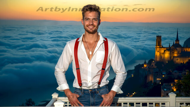The Beautiful Young Men of the Golden City, is a collection of AI generated images of sexy, glamorous, handsome guys in the heavens. In this fantasy photograph of a young men in their late teens and 20's, overlooking a large golden city in the heavens. Generated to be as realistic as possible, in this this fantasy setting, with todays technology. Wearing jeans, an unbuttoned, vibrant, long-sleeve, button down shirt. The subject is enjoying a beautiful day outdoors. The mystical, galactic landscape, and the vibrant cosmic canopies, every detail, from the texture of the clouds, to the magnificent, majestic gothic architecture of the golden city, is crafted to create an atmosphere of reverence and divine glory. With a breathtaking scene, offering warm golden hour lighting. The heavenly landscape evokes a sense of freedom and tranquility, that is expresses through his facial features and smile, as day turns to night. The heavenly landscape evokes a sense of mysterious black space and light, with a vast galaxy that almost covers the image, the stars and constellations sparkle bright, in dark blue sky.