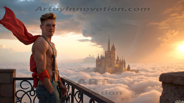 The Beautiful Young Men of the Golden City, is a collection of AI generated images of sexy, glamorous, handsome guys in the heavens. In this fantasy photograph of a young men in their late teens and 20's, overlooking a large golden city in the heavens. Generated to be as realistic as possible, in this this fantasy setting, with todays technology. Wearing jeans, an unbuttoned, vibrant, long-sleeve, button down shirt. The subject is enjoying a beautiful day outdoors. The mystical, galactic landscape, and the vibrant cosmic canopies, every detail, from the texture of the clouds, to the magnificent, majestic gothic architecture of the golden city, is crafted to create an atmosphere of reverence and divine glory. With a breathtaking scene, offering warm golden hour lighting. The heavenly landscape evokes a sense of freedom and tranquility, that is expresses through his facial features and smile, as day turns to night. The heavenly landscape evokes a sense of mysterious black space and light, with a vast galaxy that almost covers the image, the stars and constellations sparkle bright, in dark blue sky.