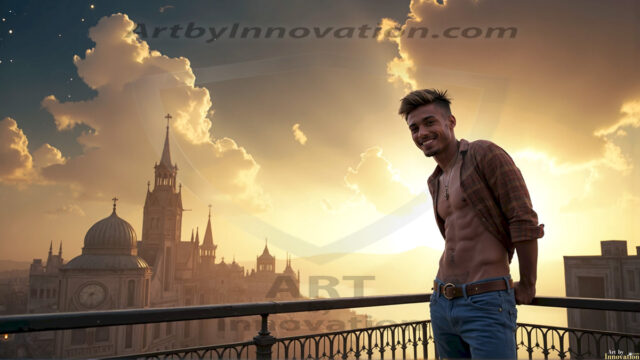 The Beautiful Young Men of the Golden City, is a collection of AI generated images of sexy, glamorous, handsome guys in the heavens. In this fantasy photograph of a young men in their late teens and 20's, overlooking a large golden city in the heavens. Generated to be as realistic as possible, in this this fantasy setting, with todays technology. Wearing jeans, an unbuttoned, vibrant, long-sleeve, button down shirt. The subject is enjoying a beautiful day outdoors. The mystical, galactic landscape, and the vibrant cosmic canopies, every detail, from the texture of the clouds, to the magnificent, majestic gothic architecture of the golden city, is crafted to create an atmosphere of reverence and divine glory. With a breathtaking scene, offering warm golden hour lighting. The heavenly landscape evokes a sense of freedom and tranquility, that is expresses through his facial features and smile, as day turns to night. The heavenly landscape evokes a sense of mysterious black space and light, with a vast galaxy that almost covers the image, the stars and constellations sparkle bright, in dark blue sky.