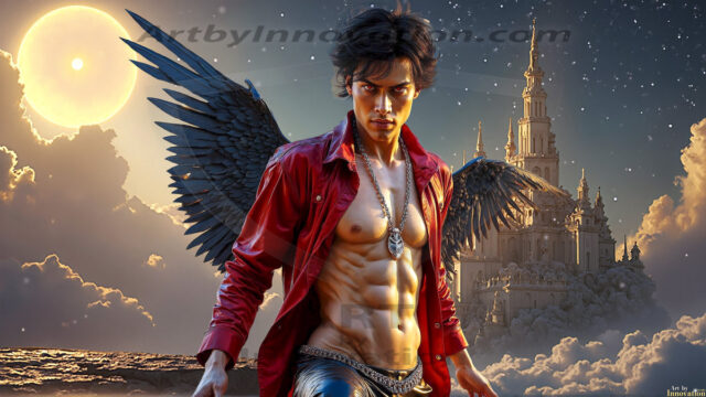 The Beautiful Young Men of the Golden City, is a collection of AI generated images of sexy, glamorous, handsome guys in the heavens. In this fantasy photograph of a young men in their late teens and 20's, overlooking a large golden city in the heavens. Generated to be as realistic as possible, in this this fantasy setting, with todays technology. Wearing jeans, an unbuttoned, vibrant, long-sleeve, button down shirt. The subject is enjoying a beautiful day outdoors. The mystical, galactic landscape, and the vibrant cosmic canopies, every detail, from the texture of the clouds, to the magnificent, majestic gothic architecture of the golden city, is crafted to create an atmosphere of reverence and divine glory. With a breathtaking scene, offering warm golden hour lighting. The heavenly landscape evokes a sense of freedom and tranquility, that is expresses through his facial features and smile, as day turns to night. The heavenly landscape evokes a sense of mysterious black space and light, with a vast galaxy that almost covers the image, the stars and constellations sparkle bright, in dark blue sky.