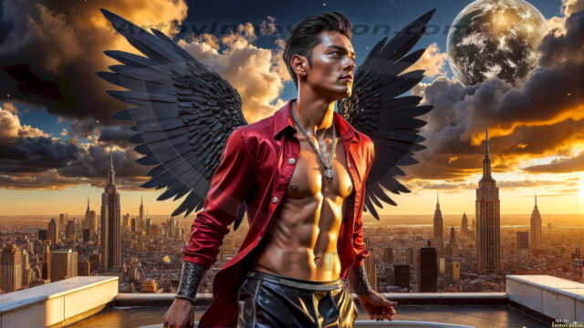 The Beautiful Young Men of the Golden City, is a collection of AI generated images of sexy, glamorous, handsome guys in the heavens. In this fantasy photograph of a young men in their late teens and 20's, overlooking a large golden city in the heavens. Generated to be as realistic as possible, in this this fantasy setting, with todays technology. Wearing jeans, an unbuttoned, vibrant, long-sleeve, button down shirt. The subject is enjoying a beautiful day outdoors. The mystical, galactic landscape, and the vibrant cosmic canopies, every detail, from the texture of the clouds, to the magnificent, majestic gothic architecture of the golden city, is crafted to create an atmosphere of reverence and divine glory. With a breathtaking scene, offering warm golden hour lighting. The heavenly landscape evokes a sense of freedom and tranquility, that is expresses through his facial features and smile, as day turns to night. The heavenly landscape evokes a sense of mysterious black space and light, with a vast galaxy that almost covers the image, the stars and constellations sparkle bright, in dark blue sky.