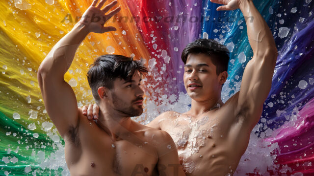 Love-and-Pride-in-full-Color. AI-generated art featuring beautiful, handsome, sexy, shirtless, men, lads, celebrating pride with the one they love. Gay Men embellished with the vibrant rainbow palette colors, inspired by the gay pride flag, offering a striking visual impact.
Pride celebrations are events that honor LGBTQ+ people through parades, festivals, and educational events, promoting social acceptance, legal rights, and community pride. These celebrations often occur in June, which is designated as Pride Month, coinciding with the anniversary of the 1969 Stonewall Uprising. While many events have become celebratory, they can still serve as demonstrations for rights such as same-sex marriage and anti-discrimination laws.