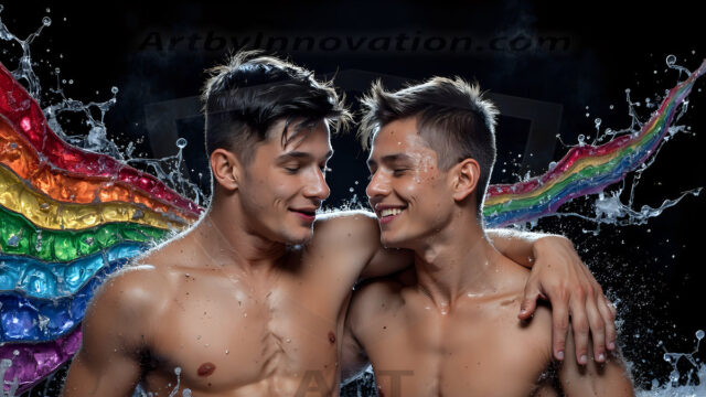 Love-and-Pride-in-full-Color. AI-generated art featuring beautiful, handsome, sexy, shirtless, men, lads, celebrating pride with the one they love. Gay Men embellished with the vibrant rainbow palette colors, inspired by the gay pride flag, offering a striking visual impact.
Pride celebrations are events that honor LGBTQ+ people through parades, festivals, and educational events, promoting social acceptance, legal rights, and community pride. These celebrations often occur in June, which is designated as Pride Month, coinciding with the anniversary of the 1969 Stonewall Uprising. While many events have become celebratory, they can still serve as demonstrations for rights such as same-sex marriage and anti-discrimination laws.