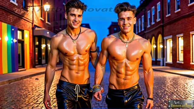Men Walking with Pride. AI-generated art featuring beautiful, handsome, sexy, shirtless, men, lads, celebrating pride walking with the one they love. Gay Men embellished with the vibrant rainbow palette colors, inspired by the gay pride flag, offering a striking visual impact.
Pride celebrations are events that honor LGBTQ+ people through parades, festivals, and educational events, promoting social acceptance, legal rights, and community pride. These celebrations often occur in June, which is designated as Pride Month, coinciding with the anniversary of the 1969 Stonewall Uprising. While many events have become celebratory, they can still serve as demonstrations for rights such as same-sex marriage and anti-discrimination laws.