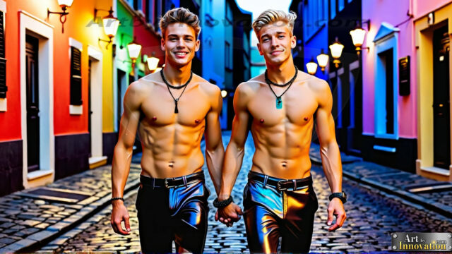 Men Walking with Pride. AI-generated art featuring beautiful, handsome, sexy, shirtless, men, lads, celebrating pride walking with the one they love. Gay Men embellished with the vibrant rainbow palette colors, inspired by the gay pride flag, offering a striking visual impact.
Pride celebrations are events that honor LGBTQ+ people through parades, festivals, and educational events, promoting social acceptance, legal rights, and community pride. These celebrations often occur in June, which is designated as Pride Month, coinciding with the anniversary of the 1969 Stonewall Uprising. While many events have become celebratory, they can still serve as demonstrations for rights such as same-sex marriage and anti-discrimination laws.