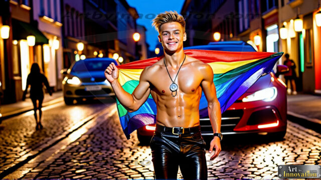 Men Walking with Pride. AI-generated art featuring beautiful, handsome, sexy, shirtless, men, lads, celebrating pride walking with the one they love. Gay Men embellished with the vibrant rainbow palette colors, inspired by the gay pride flag, offering a striking visual impact.
Pride celebrations are events that honor LGBTQ+ people through parades, festivals, and educational events, promoting social acceptance, legal rights, and community pride. These celebrations often occur in June, which is designated as Pride Month, coinciding with the anniversary of the 1969 Stonewall Uprising. While many events have become celebratory, they can still serve as demonstrations for rights such as same-sex marriage and anti-discrimination laws.