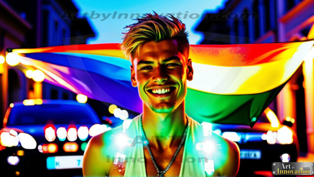 Men Walking with Pride. AI-generated art featuring beautiful, handsome, sexy, shirtless, men, lads, celebrating pride walking with the one they love. Gay Men embellished with the vibrant rainbow palette colors, inspired by the gay pride flag, offering a striking visual impact.
Pride celebrations are events that honor LGBTQ+ people through parades, festivals, and educational events, promoting social acceptance, legal rights, and community pride. These celebrations often occur in June, which is designated as Pride Month, coinciding with the anniversary of the 1969 Stonewall Uprising. While many events have become celebratory, they can still serve as demonstrations for rights such as same-sex marriage and anti-discrimination laws.