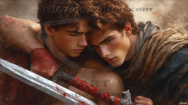 AI-generated fantasy art of beautiful male warriors in love — intimate, emotional, battle-scarred scenes of two men who survived together.