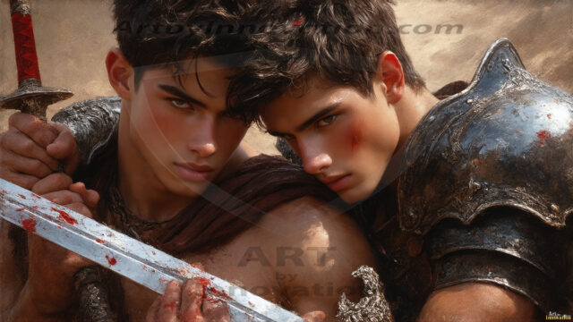 Hot & Sexy Male Warriors in Love. A painting of a young man and his partner just after a bloody battle. Embracing each other that they survived this terrible event. Insanely handsome, perfect cherub faces, detailed faces, of two warriors after a bloody battle, blooded and battle scared, holding a chrome & red blade, perfect detailed handsome faces, high cheekbones, rosy cheeks, strong jawlines, cute, intimate scene of 2boys in love, overwhelmed by emotion, they survived the battle together, embracing each other.