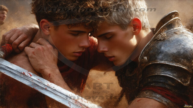 Hot & Sexy Male Warriors in Love. A painting of a young man and his partner just after a bloody battle. Embracing each other that they survived this terrible event. Insanely handsome, perfect cherub faces, detailed faces, of two warriors after a bloody battle, blooded and battle scared, holding a chrome & red blade, perfect detailed handsome faces, high cheekbones, rosy cheeks, strong jawlines, cute, intimate scene of 2boys in love, overwhelmed by emotion, they survived the battle together, embracing each other.