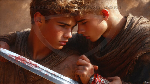 Hot & Sexy Male Warriors in Love. A painting of a young man and his partner just after a bloody battle. Embracing each other that they survived this terrible event. Insanely handsome, perfect cherub faces, detailed faces, of two warriors after a bloody battle, blooded and battle scared, holding a chrome & red blade, perfect detailed handsome faces, high cheekbones, rosy cheeks, strong jawlines, cute, intimate scene of 2boys in love, overwhelmed by emotion, they survived the battle together, embracing each other.