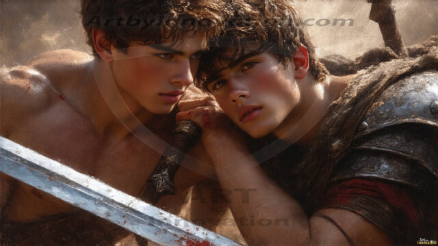 Hot & Sexy Male Warriors in Love. A painting of a young man and his partner just after a bloody battle. Embracing each other that they survived this terrible event. Insanely handsome, perfect cherub faces, detailed faces, of two warriors after a bloody battle, blooded and battle scared, holding a chrome & red blade, perfect detailed handsome faces, high cheekbones, rosy cheeks, strong jawlines, cute, intimate scene of 2boys in love, overwhelmed by emotion, they survived the battle together, embracing each other.