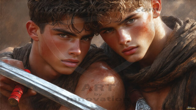 Hot & Sexy Male Warriors in Love. A painting of a young man and his partner just after a bloody battle. Embracing each other that they survived this terrible event. Insanely handsome, perfect cherub faces, detailed faces, of two warriors after a bloody battle, blooded and battle scared, holding a chrome & red blade, perfect detailed handsome faces, high cheekbones, rosy cheeks, strong jawlines, cute, intimate scene of 2boys in love, overwhelmed by emotion, they survived the battle together, embracing each other.
