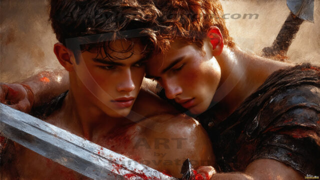 Hot & Sexy Male Warriors in Love. A painting of a young man and his partner just after a bloody battle. Embracing each other that they survived this terrible event. Insanely handsome, perfect cherub faces, detailed faces, of two warriors after a bloody battle, blooded and battle scared, holding a chrome & red blade, perfect detailed handsome faces, high cheekbones, rosy cheeks, strong jawlines, cute, intimate scene of 2boys in love, overwhelmed by emotion, they survived the battle together, embracing each other.