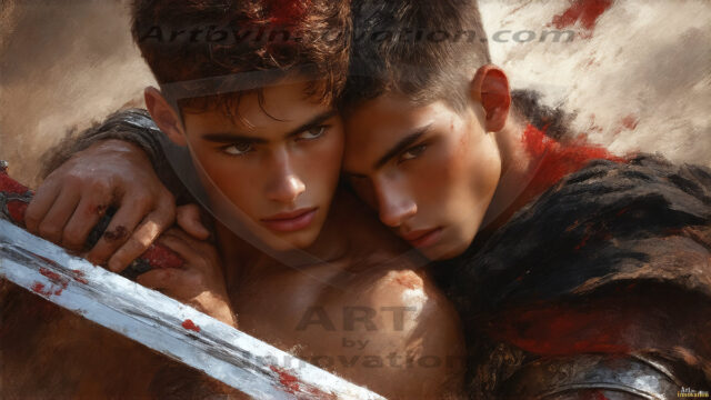 Hot & Sexy Male Warriors in Love. A painting of a young man and his partner just after a bloody battle. Embracing each other that they survived this terrible event. Insanely handsome, perfect cherub faces, detailed faces, of two warriors after a bloody battle, blooded and battle scared, holding a chrome & red blade, perfect detailed handsome faces, high cheekbones, rosy cheeks, strong jawlines, cute, intimate scene of 2boys in love, overwhelmed by emotion, they survived the battle together, embracing each other.