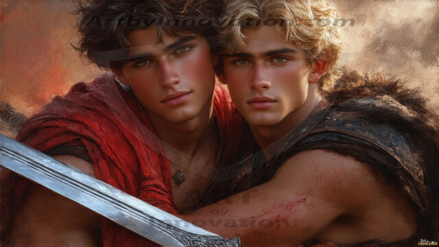Hot & Sexy Male Warriors in Love. A painting of a young man and his partner just after a bloody battle. Embracing each other that they survived this terrible event. Insanely handsome, perfect cherub faces, detailed faces, of two warriors after a bloody battle, blooded and battle scared, holding a chrome & red blade, perfect detailed handsome faces, high cheekbones, rosy cheeks, strong jawlines, cute, intimate scene of 2boys in love, overwhelmed by emotion, they survived the battle together, embracing each other.