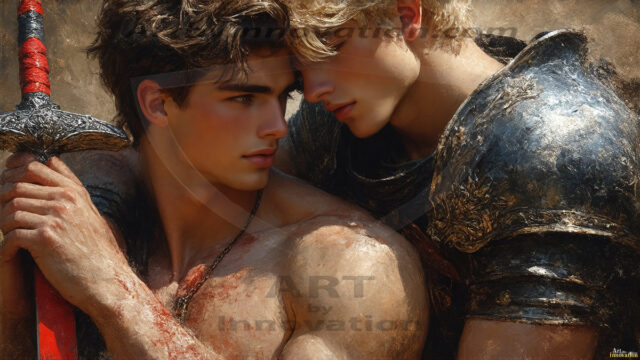 Hot & Sexy Male Warriors in Love. A painting of a young man and his partner just after a bloody battle. Embracing each other that they survived this terrible event. Insanely handsome, perfect cherub faces, detailed faces, of two warriors after a bloody battle, blooded and battle scared, holding a chrome & red blade, perfect detailed handsome faces, high cheekbones, rosy cheeks, strong jawlines, cute, intimate scene of 2boys in love, overwhelmed by emotion, they survived the battle together, embracing each other.