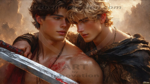 Hot & Sexy Male Warriors in Love. A painting of a young man and his partner just after a bloody battle. Embracing each other that they survived this terrible event. Insanely handsome, perfect cherub faces, detailed faces, of two warriors after a bloody battle, blooded and battle scared, holding a chrome & red blade, perfect detailed handsome faces, high cheekbones, rosy cheeks, strong jawlines, cute, intimate scene of 2boys in love, overwhelmed by emotion, they survived the battle together, embracing each other.