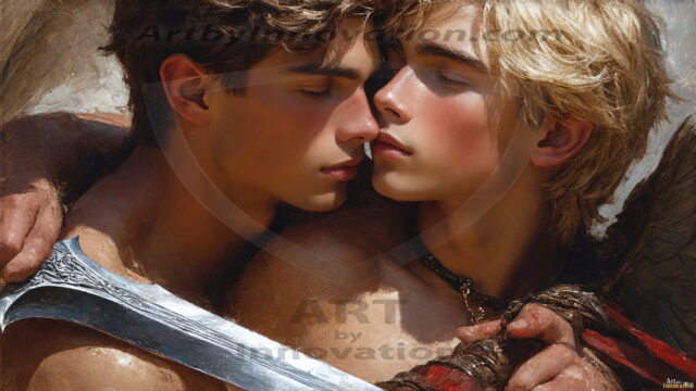 Hot & Sexy Male Warriors in Love. A painting of a young man and his partner just after a bloody battle. Embracing each other that they survived this terrible event. Insanely handsome, perfect cherub faces, detailed faces, of two warriors after a bloody battle, blooded and battle scared, holding a chrome & red blade, perfect detailed handsome faces, high cheekbones, rosy cheeks, strong jawlines, cute, intimate scene of 2boys in love, overwhelmed by emotion, they survived the battle together, embracing each other.